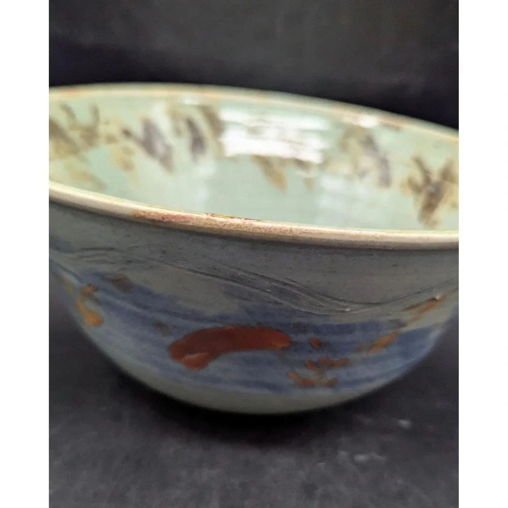 Vintage Studio Art Pottery Green Glaze Ceramic Console Fruit Bowl Signed 9.5